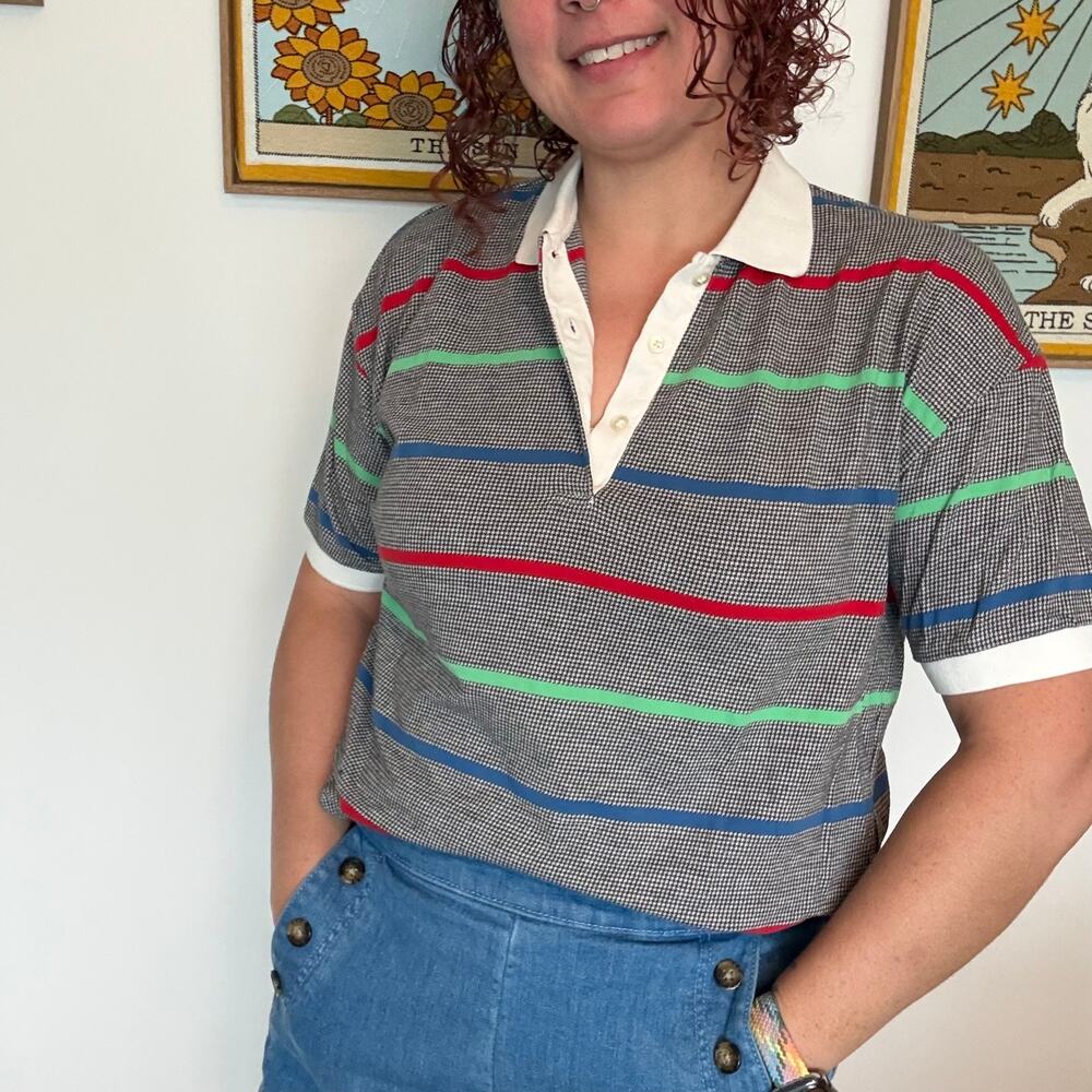 Vintage 80s Quantum sportswear stripe polo XL